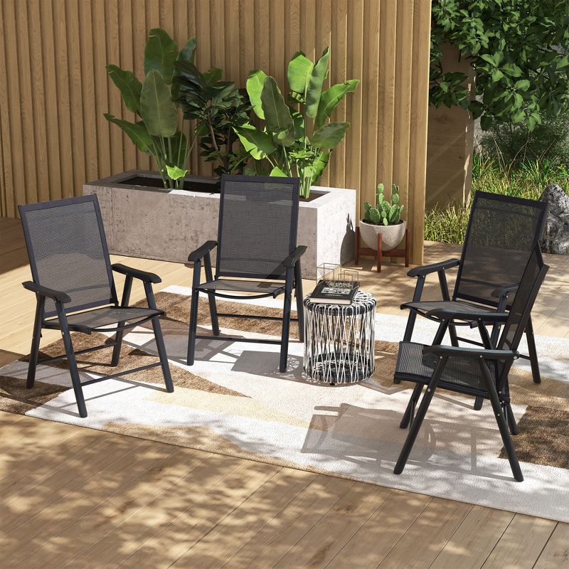 Outsunny Set of 4 Patio Folding Chairs, Stackable Outdoor Sling Chairs with Armrests for Lawn, Camping, Dining, Beach, Metal Frame, Black, 2 of 7