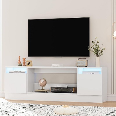 Homhougo TV Stand for 75 Inch TV, Modern Chic Entertainment Center with LED Lights and Storage, TV Console Media Cabinets White