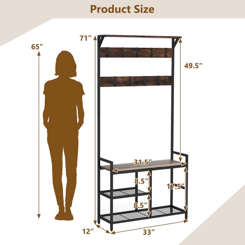 Costway 71'' Coat Rack Hall Tree with Shoe Bench Industrial Entryway Storage Shelf with Hooks, 4 of 11