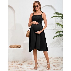 Maternity Summer Dress Sleeveless Smocked Square Neck Adjustable Spaghetti Strap Midi Dress Photoshoot - 1 of 4