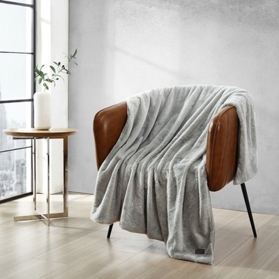 Grey Faux Fur Reversible Throw Blanket with Micromink Back, 50" x 60"