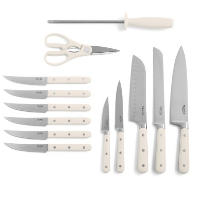Linen White 14-Piece Stainless Steel Knife Set with Acacia Block