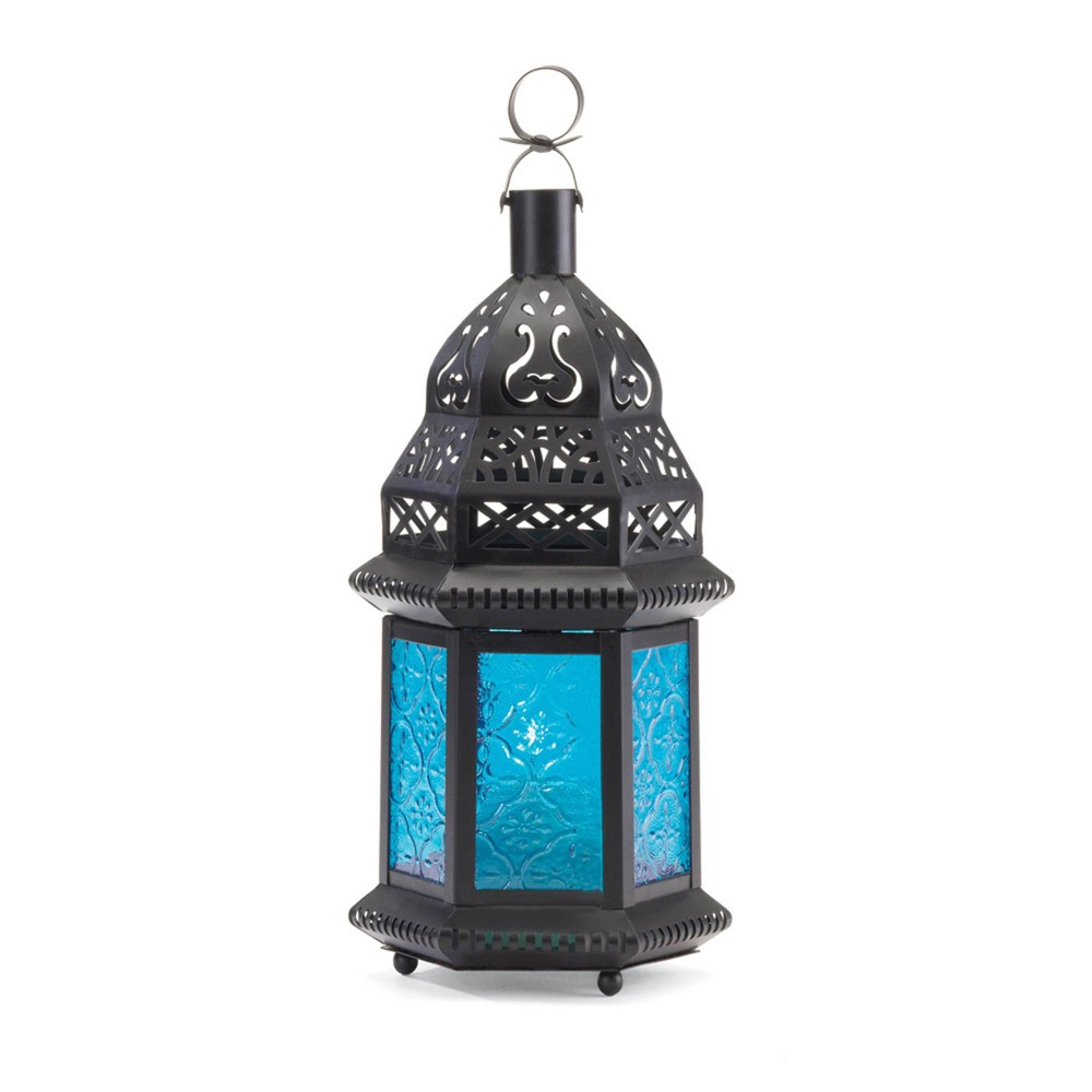 Photos - Figurine / Candlestick 10.25" Iron/Glass Moroccan Style Outdoor Lantern Blue - Zingz & Thingz