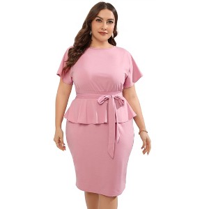 Coolmee Women Summer  Mini Dress Fashion Peplum Bodycon Short Sleeve Bow Club Ruffle Pencil Party Dress with Belt - 1 of 4