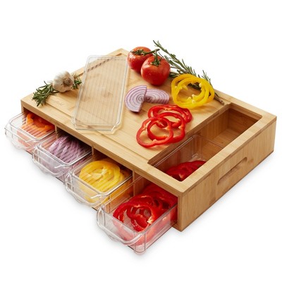 Expandable bamboo cutting board set with Trays and LIDS for