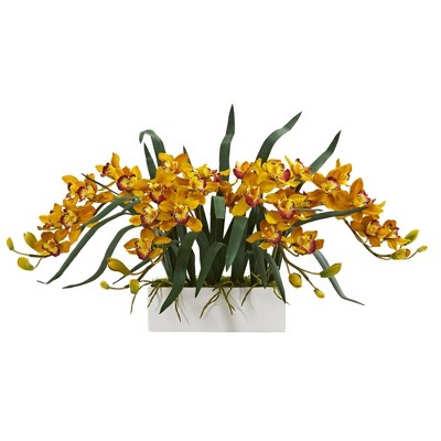 Elegant Cymbidium Orchid Faux Floral Arrangement in Rectangular White Vase