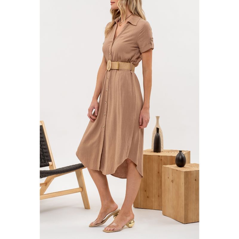 August Sky Women's Spread Collar Front Button Up Belted Midi Shirtdress, 3 of 7
