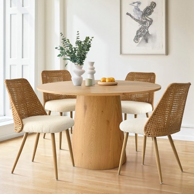 Round Dining Table Set, Natural Pedestal Table with Double-Wall Rattan Back Chairs, Modern Kitchen Table for Small Dining Room-Tanpinhause