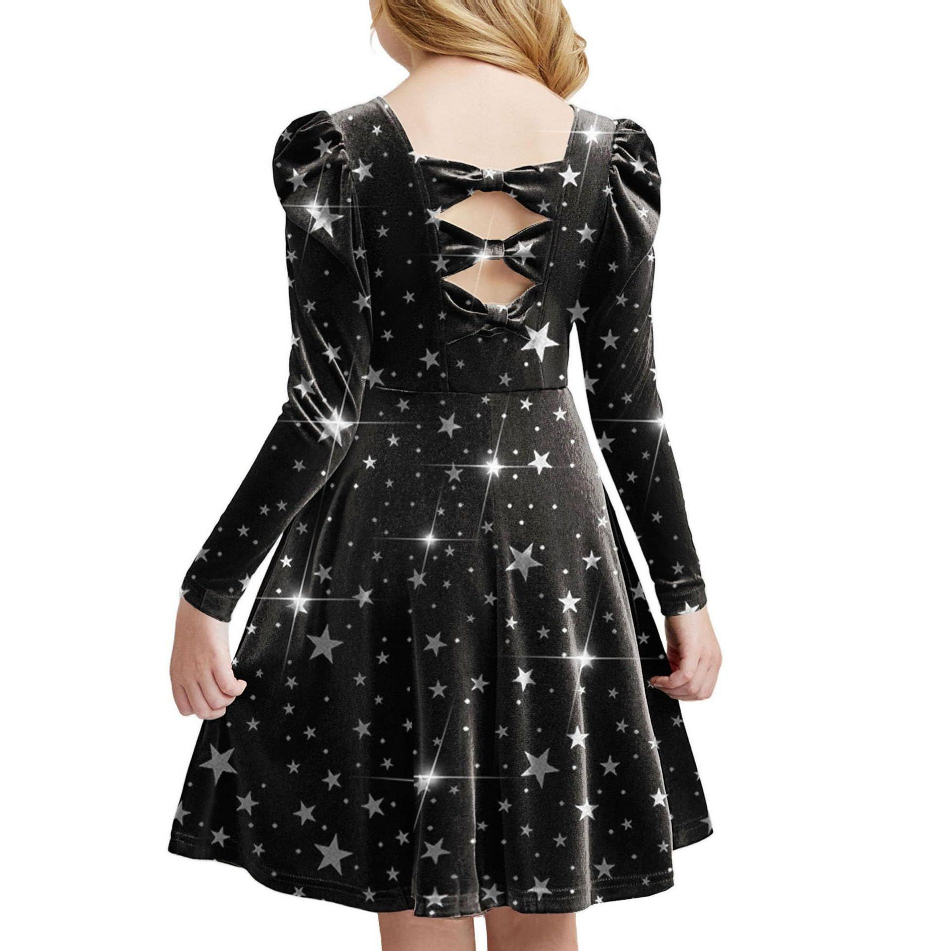 Arshiner Girls Long Sleeve Dress Velvet Crew Neck Bow Back Holiday Party Dresses with Pockets Green Tween 9-10 Y