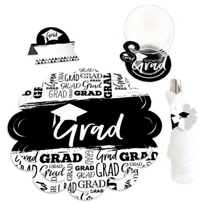 Big Dot of Happiness Black and White Graduation Party Paper Charger and Table Decorations - Chargerific Kit - Place Setting for 8
