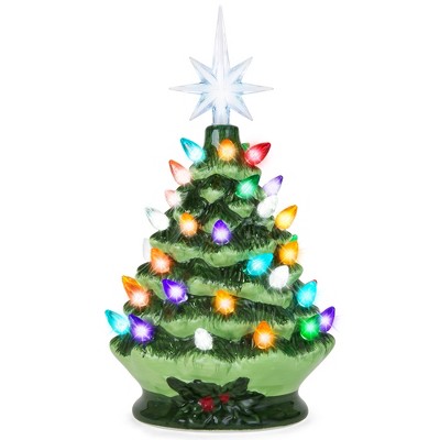 Best Choice Products 9.5in Pre-Lit Hand-Painted Ceramic Tabletop Christmas Tree w/ Lights, 3 Star Toppers - Green