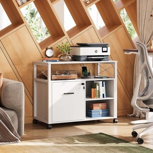 GALAXHERO Lateral File Cabinet, Locking Wood Filing Cabinet Rolling Printer Stand with Open Storage Shelf White - 1 of 1