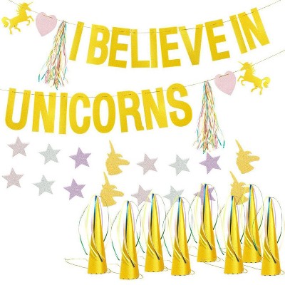 Blue Panda Gold Unicorn Party Kits - "I Believe in Unicorns" Banner String, 12 Hats, 6 Tassels, 1 Star Garland