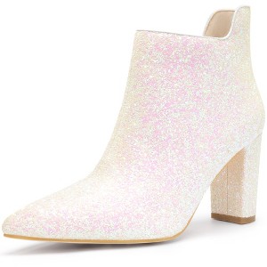 Allegra K Women's Pointed Toe Cutout Block Heels Glitter Ankle Booties - 1 of 4