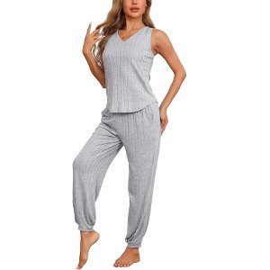 cheibear Women's Loungewear Knit Sleeveless V Neck Tank Tops with Pants Pajamas Sets 2 Pcs - 1 of 4