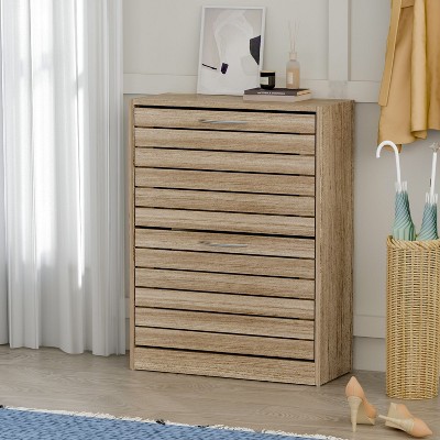 Natural Wood Shoe Storage Cabinet with Louver Doors and Flip Drawers