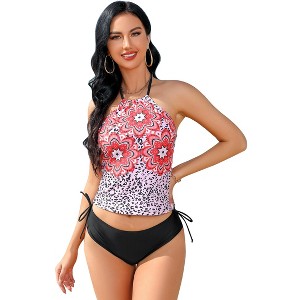 Floral Print High Neck Tankini Swimsuit Set with Tummy Control for Women - 1 of 4