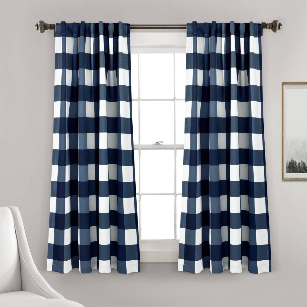 Set of 2 (63"x52") Kelly Checker Light Filtering Window Curtain Panels Navy - Lush Décor
