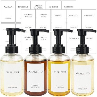 4 Pieces 300ml PET Black Pump Bottles with Labels for Coffee Bar Organization Syrup Dispenser