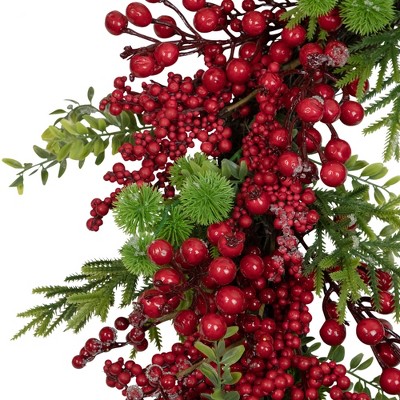 Artificial Frosted Red Berry and Pine Christmas Wreath, 28-Inch