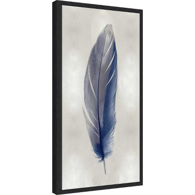 Blue Feather on Silver II Vertical Canvas Print with Black Frame