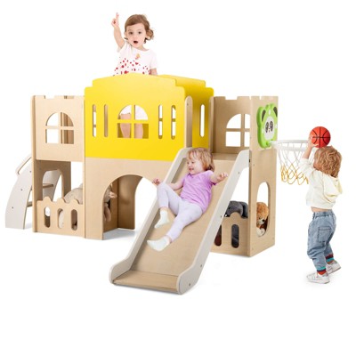 Safstar 7-in-1 Toddler Slide Set Wooden Castle-Shaped Entertainment Activity Center