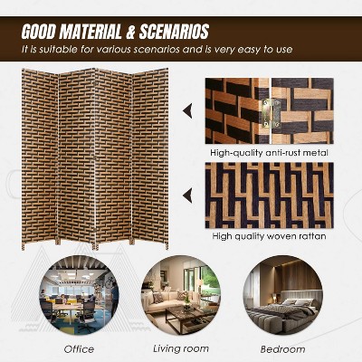 6ft Black and Brown Hand-Woven Rattan Room Divider with 4 Panels