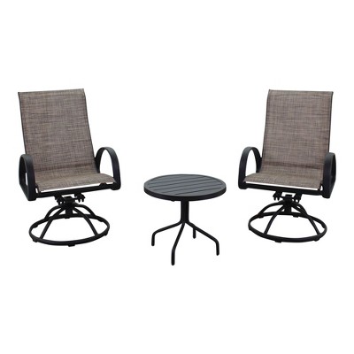 Courtyard Casual Santa Fe 3 pc Sling Swivel Rocker Set  Includes one 20" End Table and two Swivel Sling Rockers