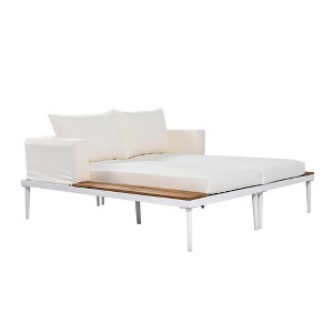 Dexmalle Modern Outdoor Daybed with Wood Topped Side Spaces for Drinks,Beige - 1 of 4