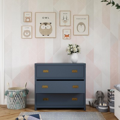 Graphite Blue Wooden Nursery Dresser with Brass Handles