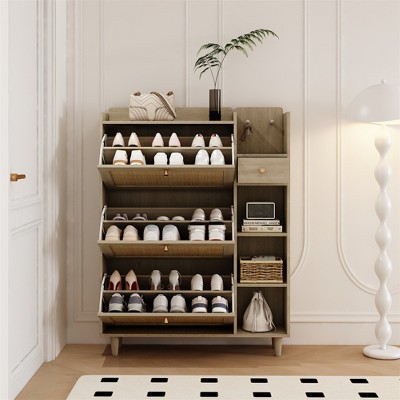 Shoe Rack With 3 Rattan Flap Drawers, 3 Square Shelves And 1 Storage Drawer, Shoe Organizer With Multiple Storage Spaces And Hooks