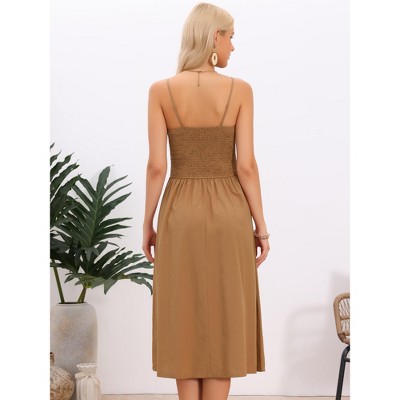Женские платья INSPIRE CHIC Women's Spaghetti Strap Smocked A Line Swing Flowy Summer Beach Midi Dresses Medium Brown — фото 3
