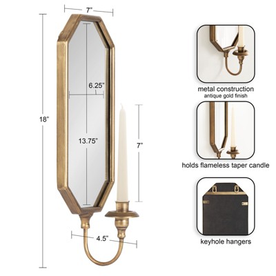 Gold Antique Mirrored Wall Sconce with Candlestick Holder