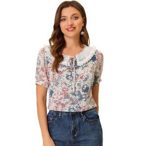 INSPIRE CHIC Women's Peter Pan Collar Tie Neck Puff Sleeve Blouse - 1 of 4