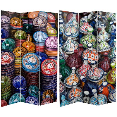 6" Double Sided Ceramic Bazaar Canvas Room Divider Blue/Red - Oriental Furniture