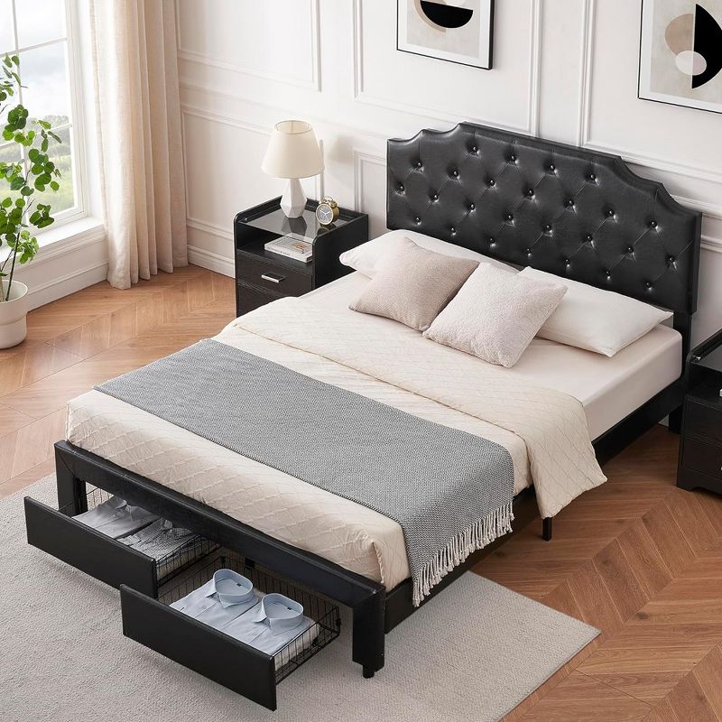 Whizmax Bed Frame with 2 Drawers, Upholstered Leather Headboard and Footboard, Wooden Slats Support, No Box Spring Needed, Black, 1 of 8