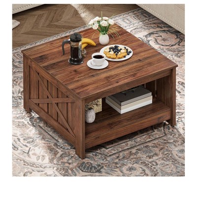 Modern Square Coffee Table Wood Center Table With Half Open Storage Compartment Living Room Table