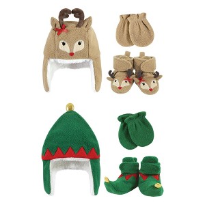 Hudson Baby Infant Girls 6Pc Trapper Hat, Mitten and Bootie Set, Green Elf Girls Reindeer - 1 of 3