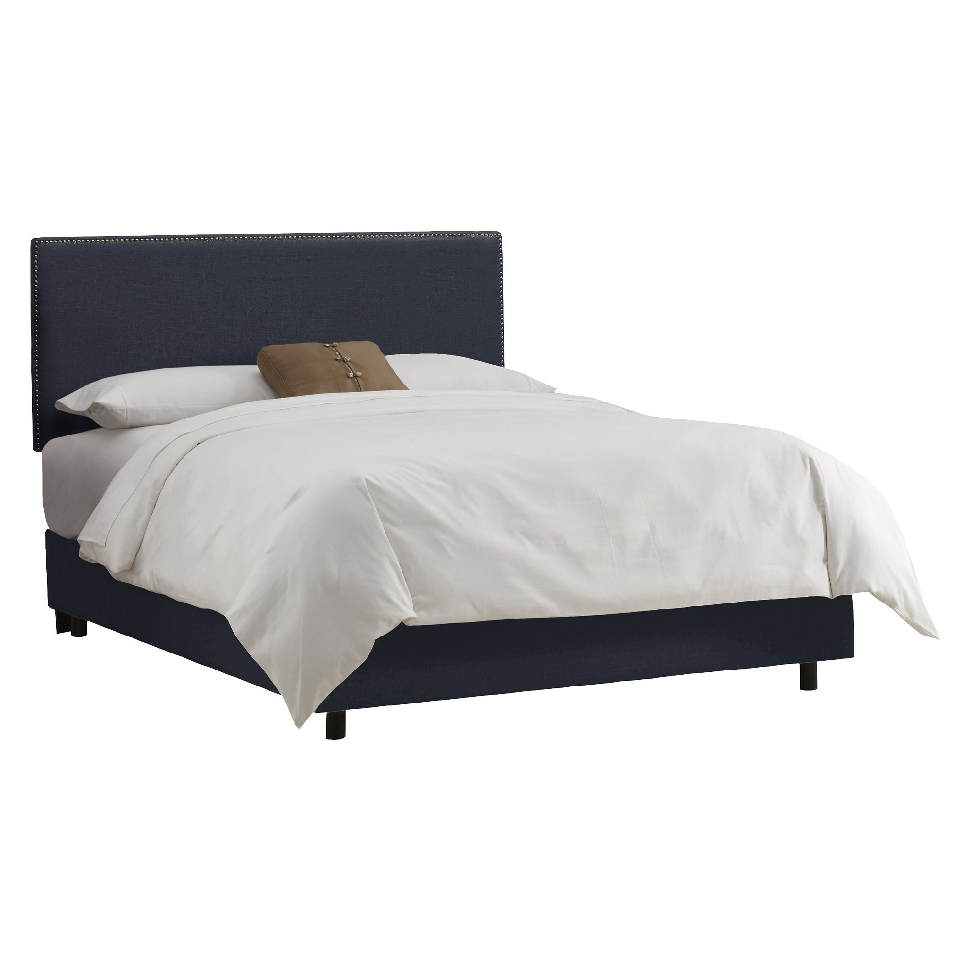 King Bella Nail Button Border Bed Navy Linen with Pewter Nailbuttons - Cloth & Co., Blue Linen