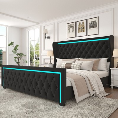NicBex Queen/King Upholstered Bed Frame with Wingback Headboard,Platform Bed Frame with Adjustable LED Light,Solid Wood Slats Support,Easy Assembly