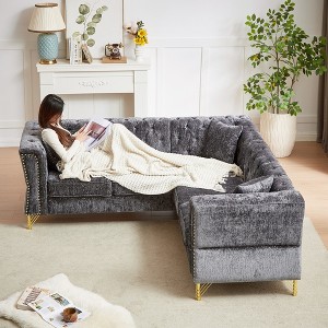 81.5" Chenille Classic Chesterfield L-Shaped Corner Sectional Sofa, 5-Seater Couch with Nailhead Trim, Tufted Cushions - 1 of 4