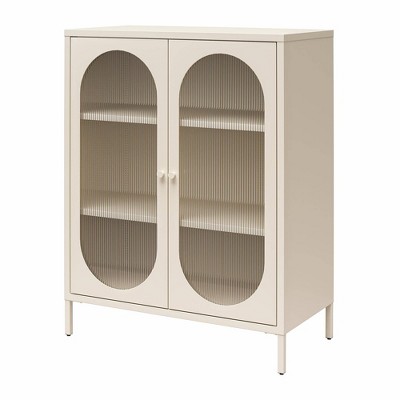 Parchment Metal Accent Cabinet with Fluted Glass Doors