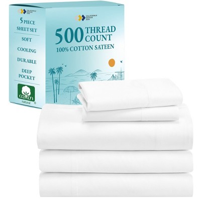 Luxury 500 Thread Count Bed Sheets Set - 100% Cotton Sateen Sheets Set, Soft, Cool & Breathable, Deep Pocket by California Design Den