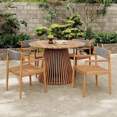 5 PCS Patio Dining Set with Round Dining Table, Weather-Resistant Table and 4 Chairs, Braided Rope Chairs with Acacia Wood Frame-Coolbibila