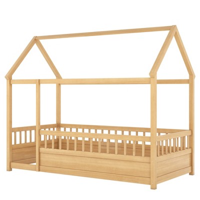 Bellemave Twin Montessori Floor Bed with High Fence, House Bed for Kids, Girls & Boys, Montessori Bed Without Slats, Natural