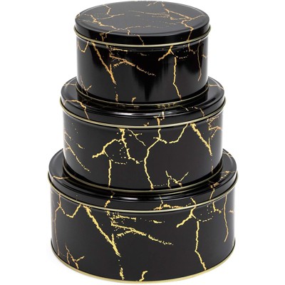 3-Pack Empty Nesting Metal Tin Box Canister Set Round Storage Container for Cookie Candy Gift, Black/Gold Marble 3 Sizes