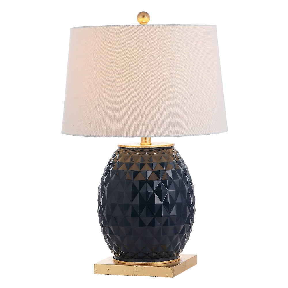 25.5"" Glass/Metal Diamond Table Lamp (Includes LED Light Bulb) Blue - JONATHAN Y: Modern Linen Shade, UL Listed -  80029010