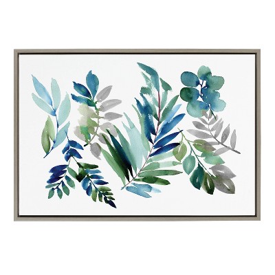 23" x 33" Sylvie Tropic Leaves Blue by Sara Berrenson Framed Wall Canvas Gray - Kate & Laurel All Things Decor