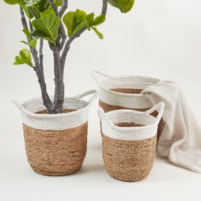 Rustic Beige and White Woven Pandanus Storage Baskets, Set of 3