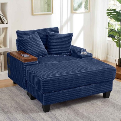 Single Seat Armrest Sofa with Ottoman, Sofa with Hidden Table and USB and Bluetooth Speaker, Corduroy Sofa with Wood Frame-Coolbibila